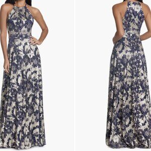 Long Metallic Floral Halter Top Gown Betsy & Adam Size14